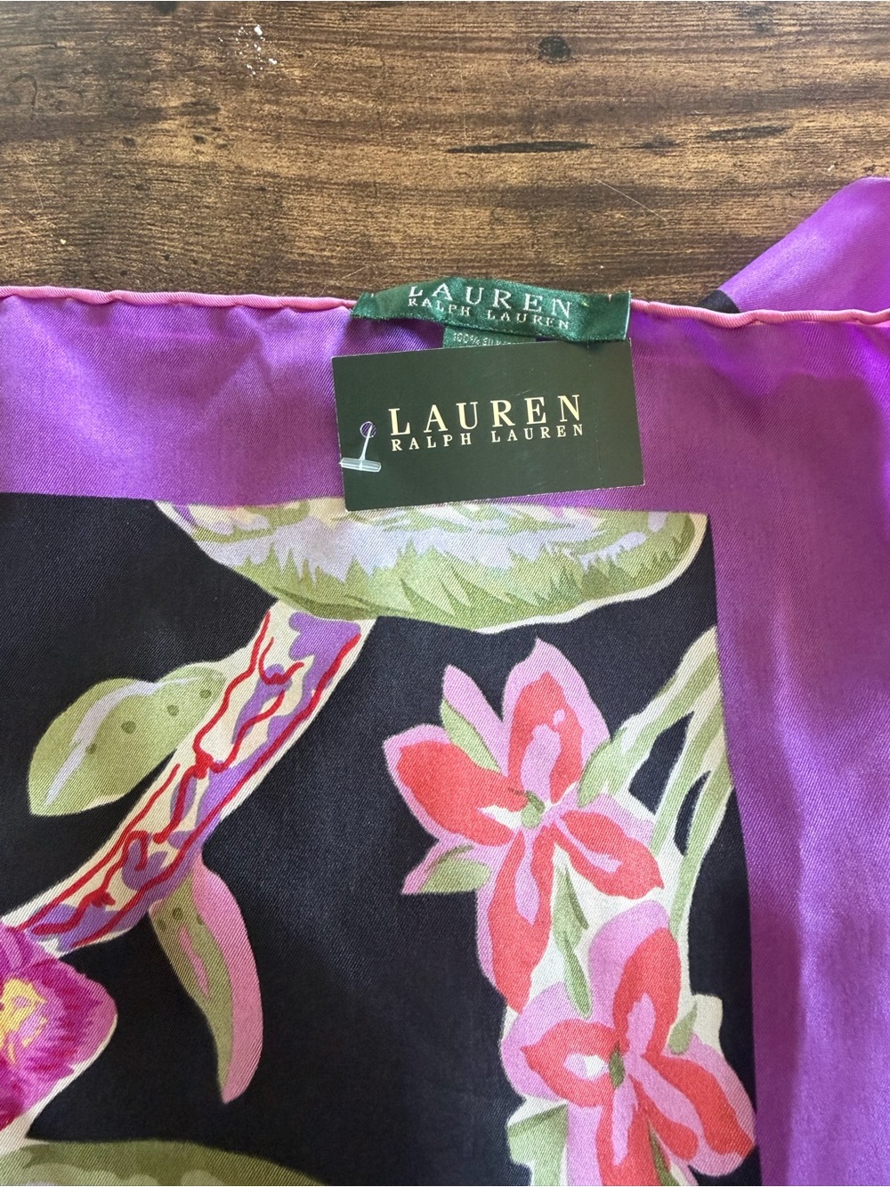 Ralph Lauren Purple Floral Silk Scarf with Pink & Green Motif